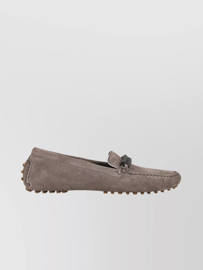 Brunello Cucinelli Buckle Loafers With Studded Sole And Suede Upper In Mud