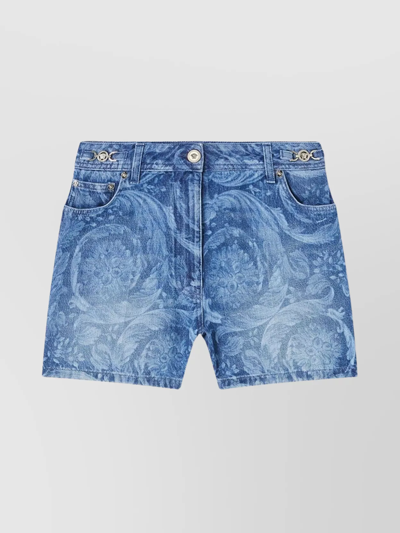 VERSACE DENIM THIGH-LENGTH SHORTS WITH ABSTRACT PATTERN PRINT