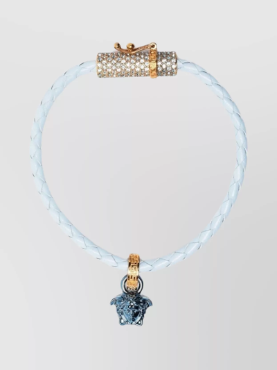 Versace Woven Leather Crystal Bracelet In Blue