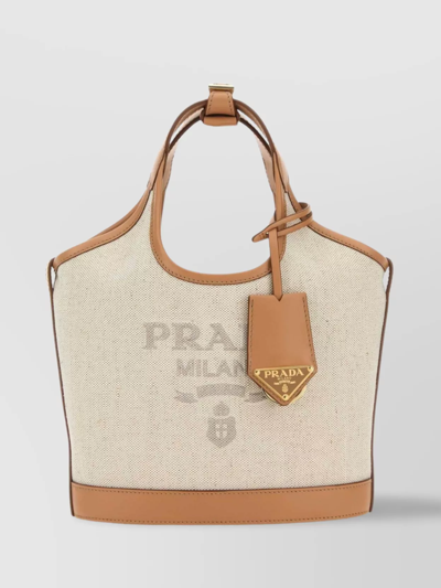 Prada Canvas And Leather Top Handle Bag In Beige