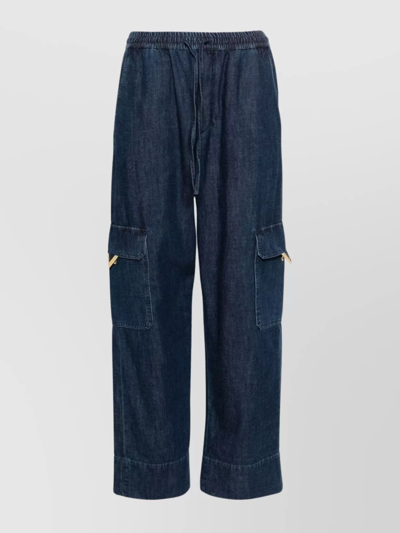 Valentino Cargo Trousers With Gold Detail And Wide Leg In Blue