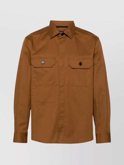 Zegna Shirt With Curved Hem And Pockets In Brown