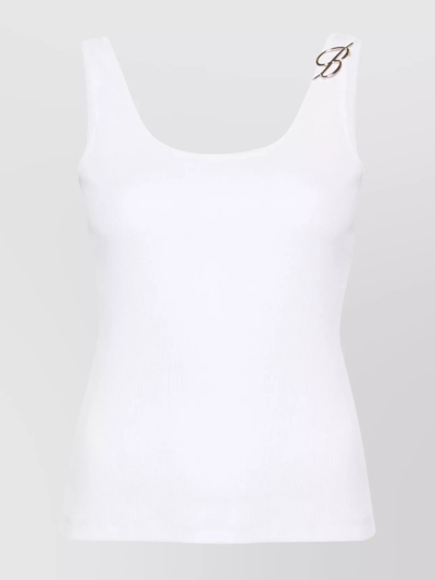 Blumarine Monogram Pin Halter Neck Ribbed Cotton Top In White