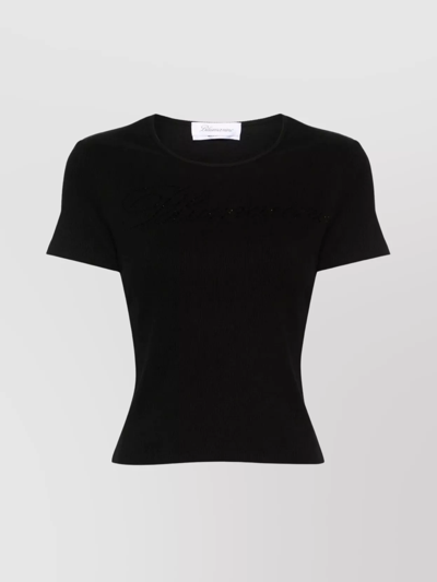 Blumarine Logo Ribbed Cotton Cropped T-shirt In Black