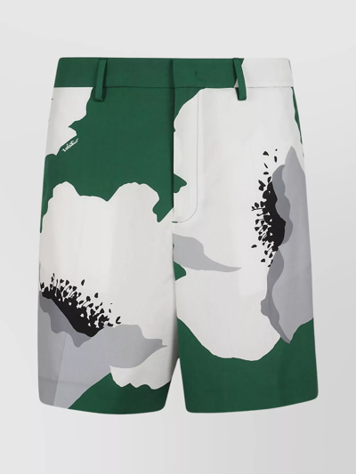 Valentino Floral Print Shorts With Pockets And Belt Loops In Smeraldo/grigio