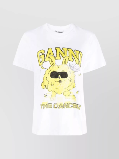 Ganni Short Sleeve Yellow Relaxed Bunny T-shirt In White