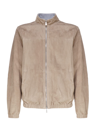 Eleventy Zipped-up Leather Jacket In Beige