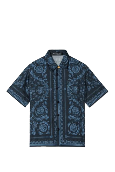 Versace Kids Baroque Silk Shirt In Blue