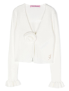 MISS BLUMARINE WHITE RIBBED CARDIGAN WITH 3D ROSE