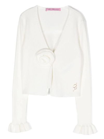 Miss Blumarine Kids' White Ribbed Cardigan With 3d Rose