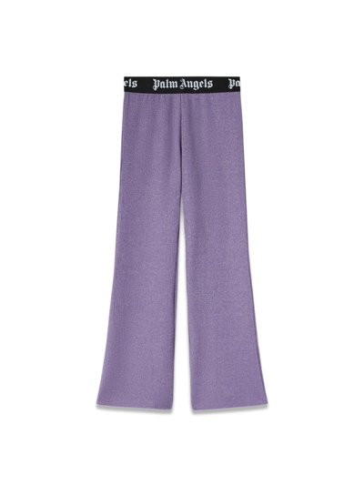 Palm Angels Kids' High-rise Ribbed-knit Flared Pants In Lilac Black