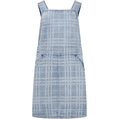 Burberry Kids' Denim Dungarees For Girl With Iconic All-over Check
