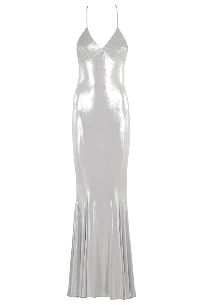 Norma Kamali Low Back Slip Fishtail Gown In Silver Silver