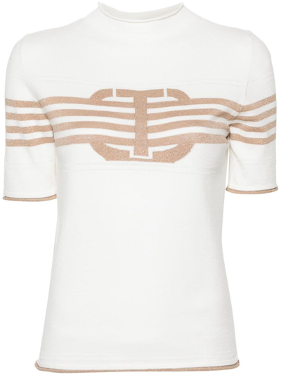 Twinset Short Sleeves High Neck Striped Sweater With Logo In White