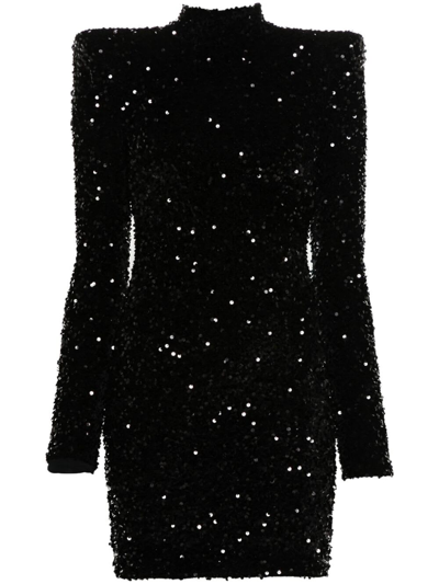 Elisabetta Franchi Long Sleeves High Neck Dress With Paillettes In Black