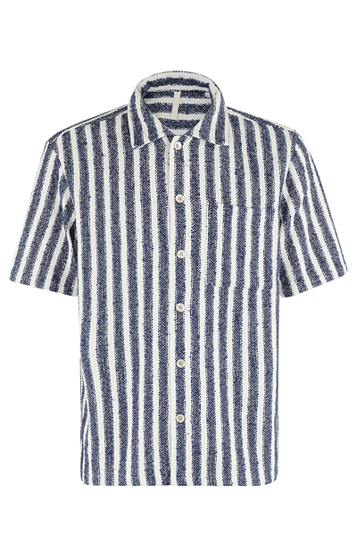 Sunflower Spacey Striped Linen-blend Short-sleeve Shirt In Blue