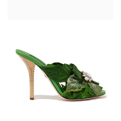 Dolce & Gabbana Keira Jungle Leaf Satin Mules In Green