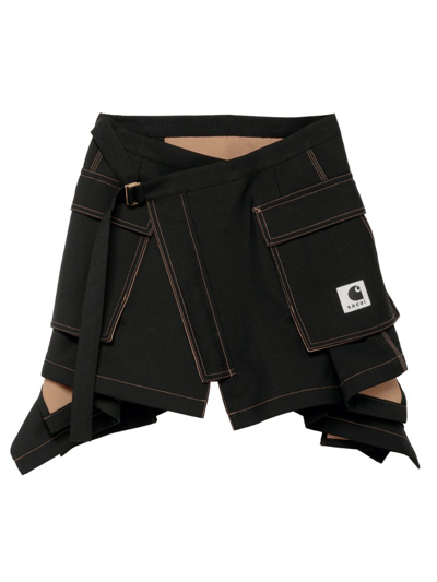 Sacai X Carhartt Wip Asymmetric Hem Tonal Stitched Skirt In Black