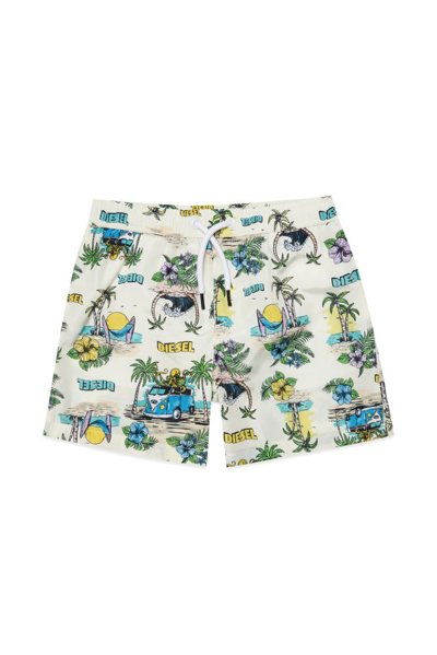 Diesel Kids' Mplay Palm Tree-print Swim Shorts In White