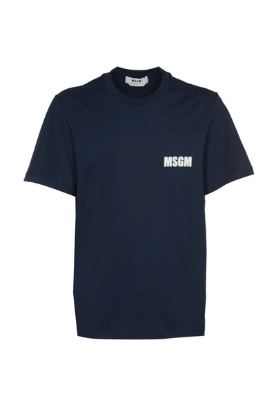 Msgm Logo Printed Crewneck T-shirt In Blue