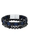 HMY JEWELRY STAINLESS STEEL WRAPPED LEATHER & LAVA ROCK BEADED BRACELET SET