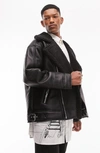 TOPMAN FAUX LEATHER BIKER JACKET WITH FAUX SHEARLING COLLAR
