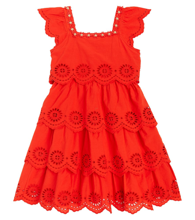 Scotch & Soda Kids' Broderie Anglaise Tiered Cotton Dress In Red