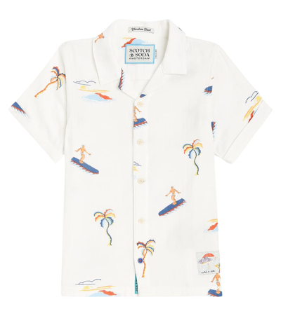 Scotch & Soda Kids' Printed Cotton Bowling Shirt In White