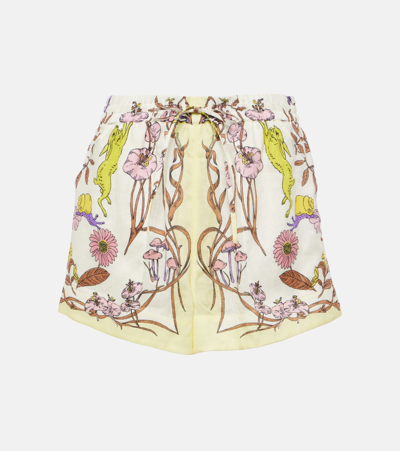 Tory Burch Floral-print Linen Shorts In White