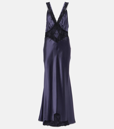 Sir Aries Lace-trimmed Silk Satin Gown In Blue