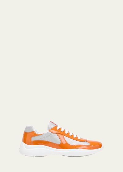 Prada Men's America's Cup Patent Leather Patchwork Sneakers In Orange