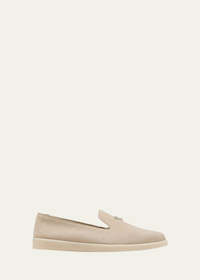 Prada Men's Triangle Logo Suede Loafers In Neutrals