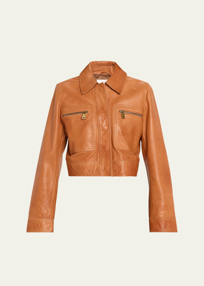 Frame Fitted Leather Moto Jacket In Brown