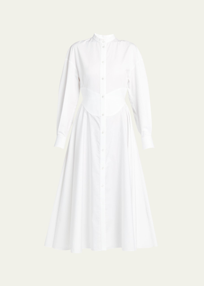 Alexander Mcqueen Poplin Midi Shirtdress With Corset Detail In White