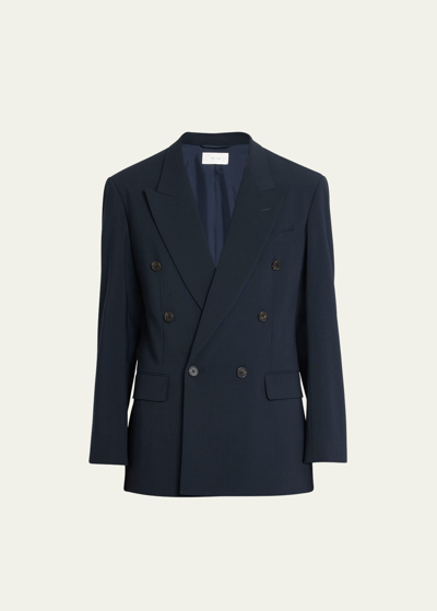 The Row Pinstriped Wilson Double Breasted Jacket In Dark Navy