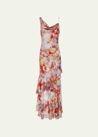 L Agence Viola Asymmetric Ruffled Cowl-neck Maxi Dress In Multi Soft Cloud