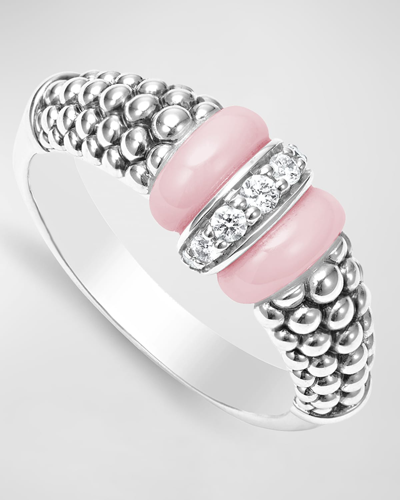 Lagos Sterling Silver Pink Caviar Diamond Small 1 Link Ring