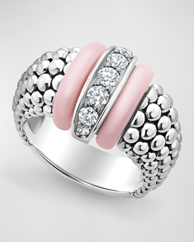 Lagos Sterling Silver Pink Caviar Diamond Large 1 Link Ring