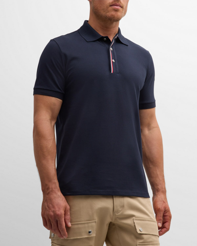 Moncler Men's Polo Shirt With Striped Snap Placket In Blue