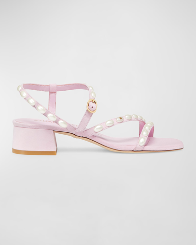 Stuart Weitzman Pearlita 35 Faux Pearl-embellished Suede Sandals In Blossom