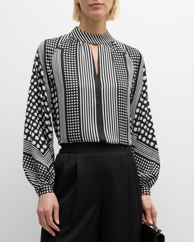 Elie Tahari The Olivia Cutout Mixed Dot Silk Top In Noir White Dot