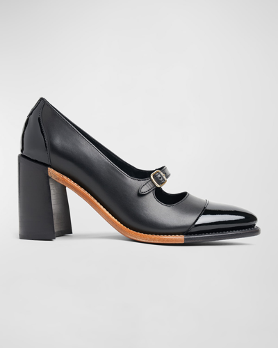 The Office Of Angela Scott Miss Eliza Mixed Leather Buckle Heeled Loafers In Black
