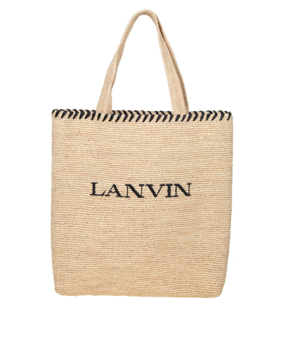 Lanvin Logo-embroidered Raffia Tote Bag In Natural / Black