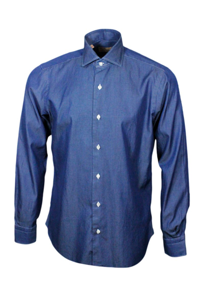 Barba Napoli Dandylife Denim Shirt With Hand-sewn Italian Collar And Mother-of-pearl Buttons In Denim Dark