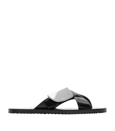 Burberry Strip Shield Leather Slides In Lake