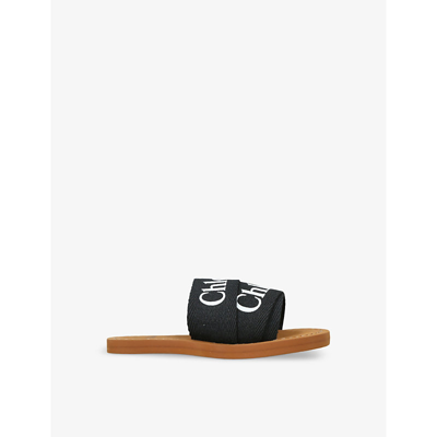 Chloé Kids' Woody Sandals In Black Canvas With Logo