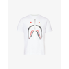 A Bathing Ape Mens White Blue Shark-print Brand-patch Cotton-jersey T-shirt