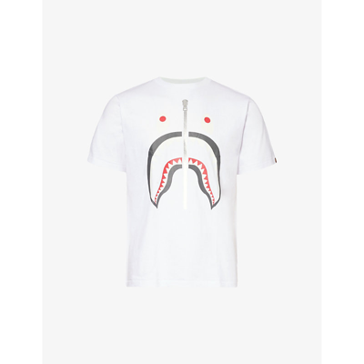 A Bathing Ape Mens White Blue Shark-print Brand-patch Cotton-jersey T-shirt