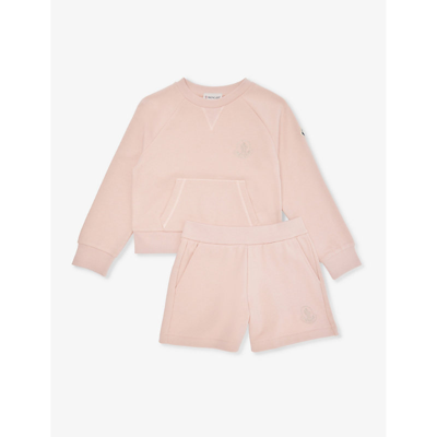 Moncler Girls Pastel Pink Kids Logo-embroidered Two-piece Cotton-jersey Set 4-12 Years