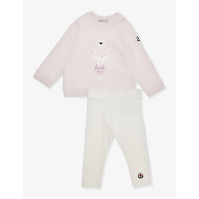 Moncler Girls Pastel Pink Kids Graphic-print Brand-patch Two-piece Stretch-cotton Set 9-36 Months